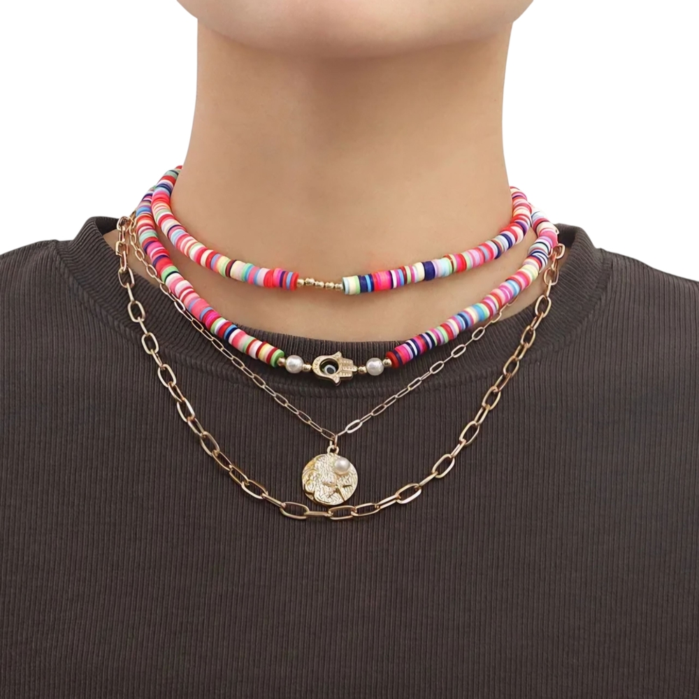 Multicolor Beaded Layered Necklace with Gold Chains - Picture 4 of 12